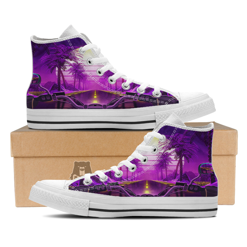 Riding Motorcycle Retro Purple Print White High Top Shoes-grizzshop