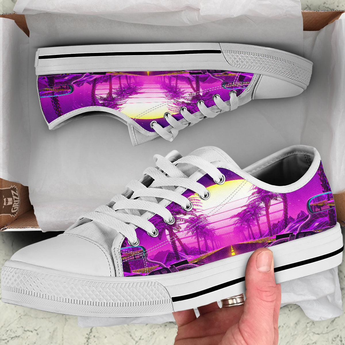 Riding Motorcycle Retro Purple Print White Low Top Shoes-grizzshop
