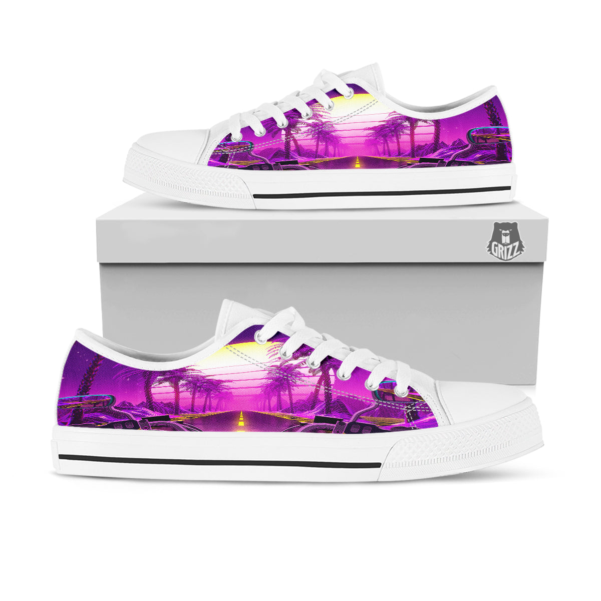 Riding Motorcycle Retro Purple Print White Low Top Shoes-grizzshop