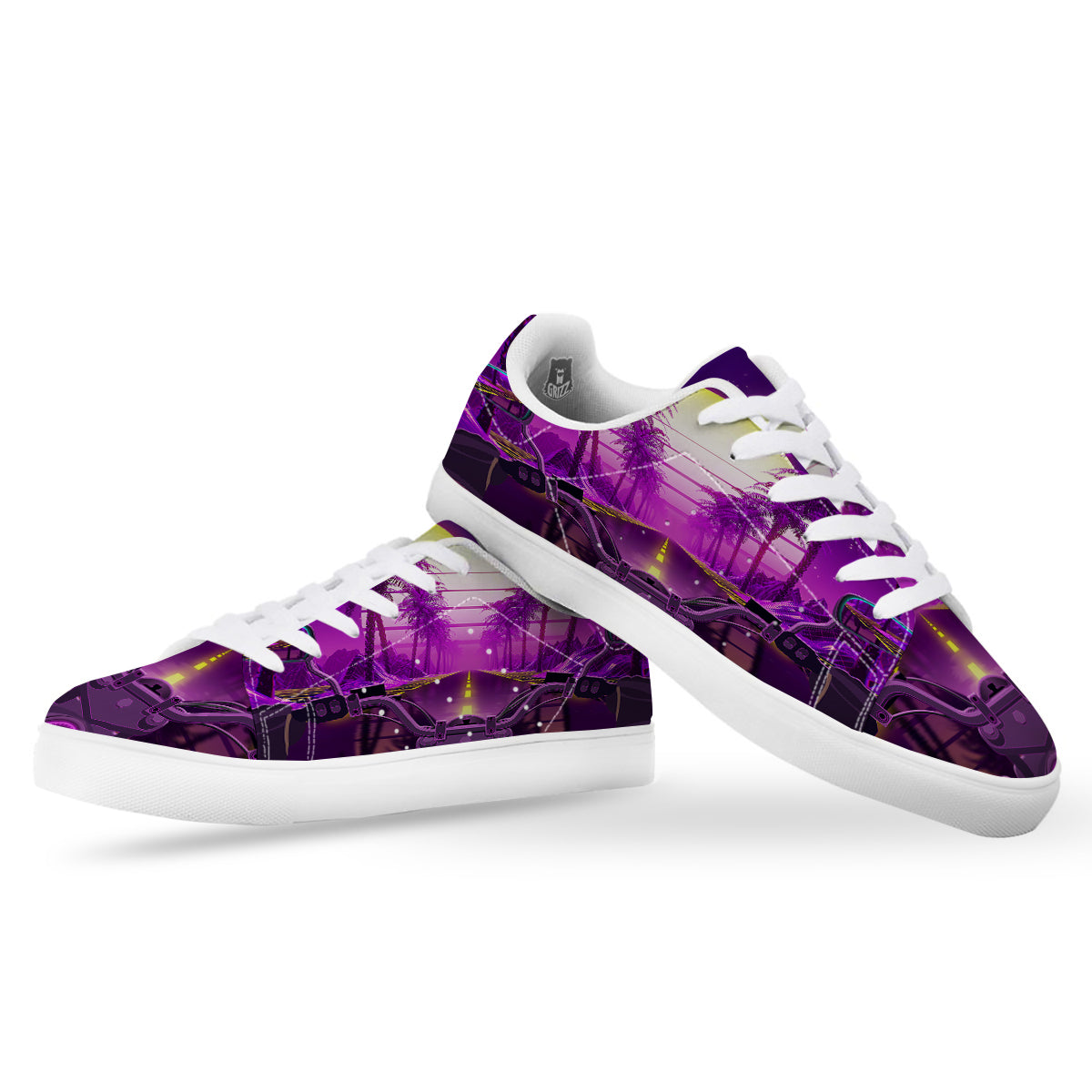 Riding Motorcycle Retro Purple Print White Low Top Sneakers-grizzshop
