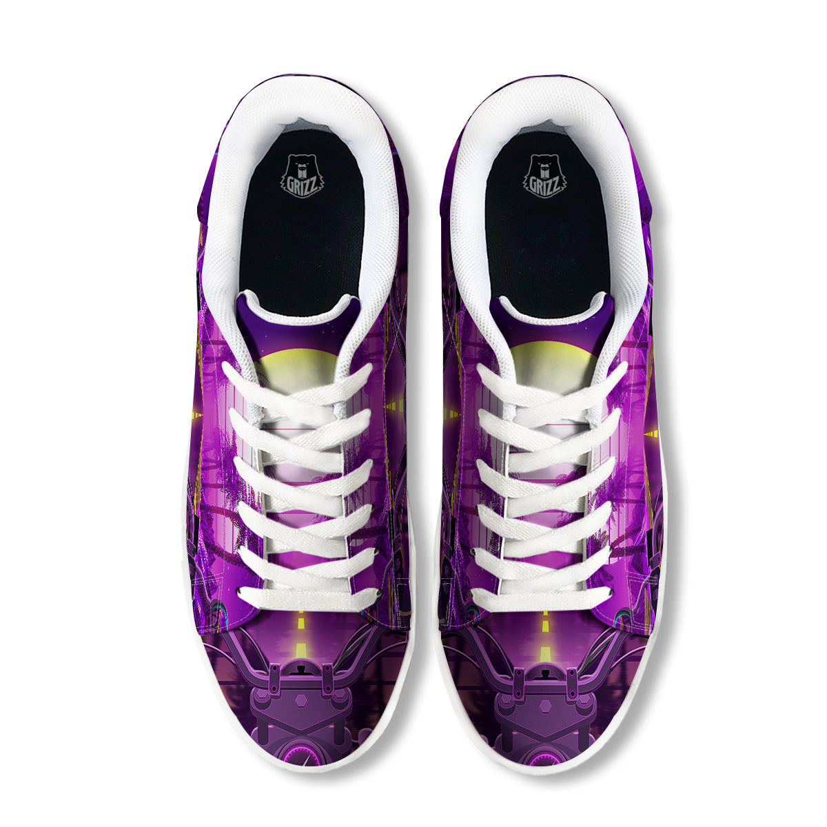 Riding Motorcycle Retro Purple Print White Low Top Sneakers-grizzshop