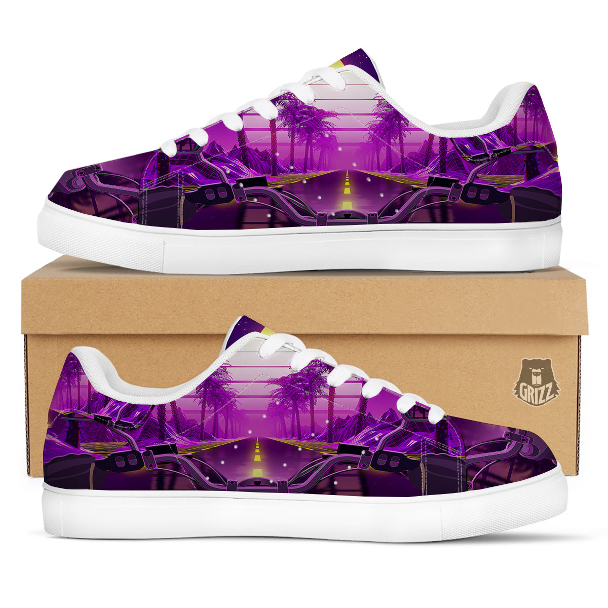 Riding Motorcycle Retro Purple Print White Low Top Sneakers-grizzshop