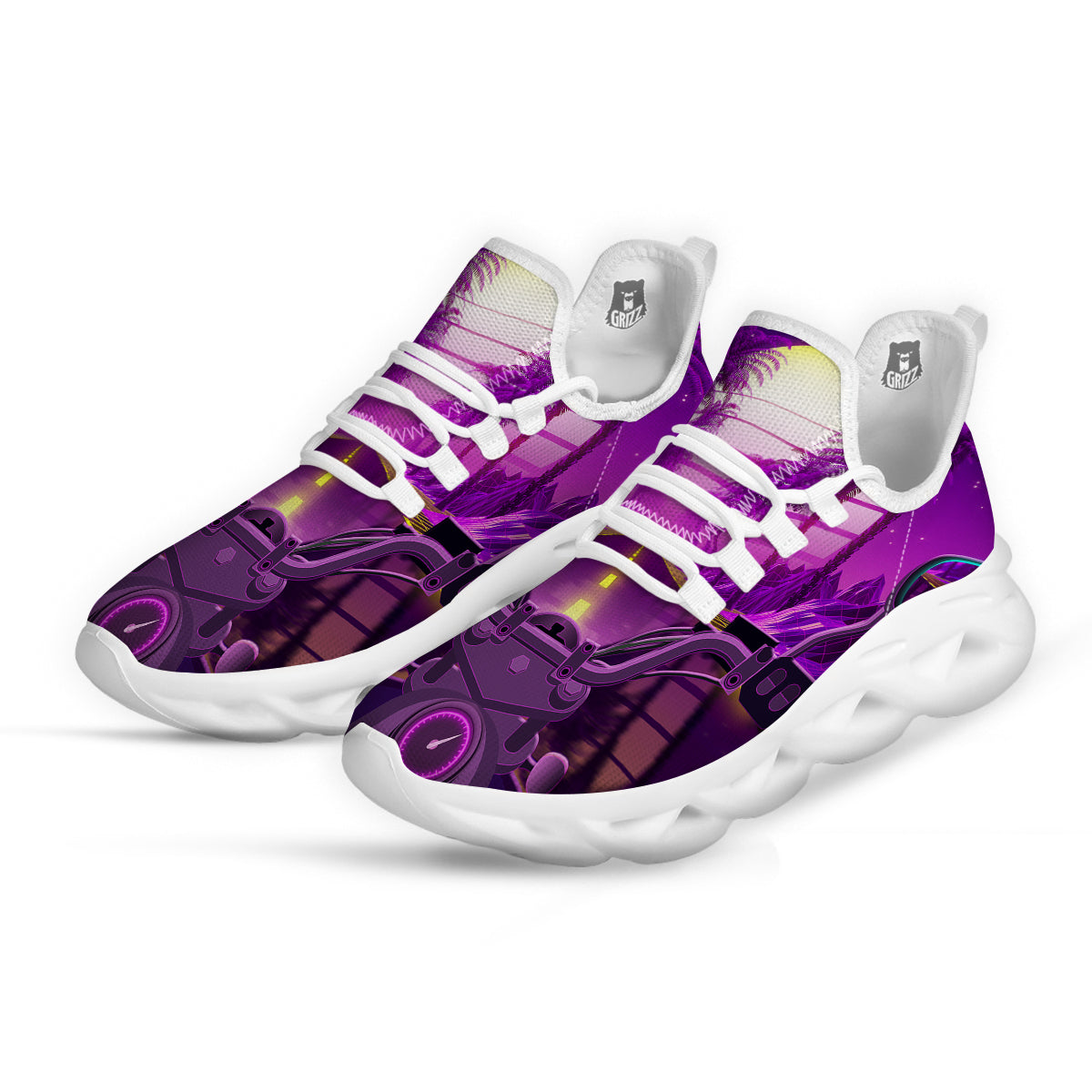 Riding Motorcycle Retro Purple Print White Running Shoes-grizzshop