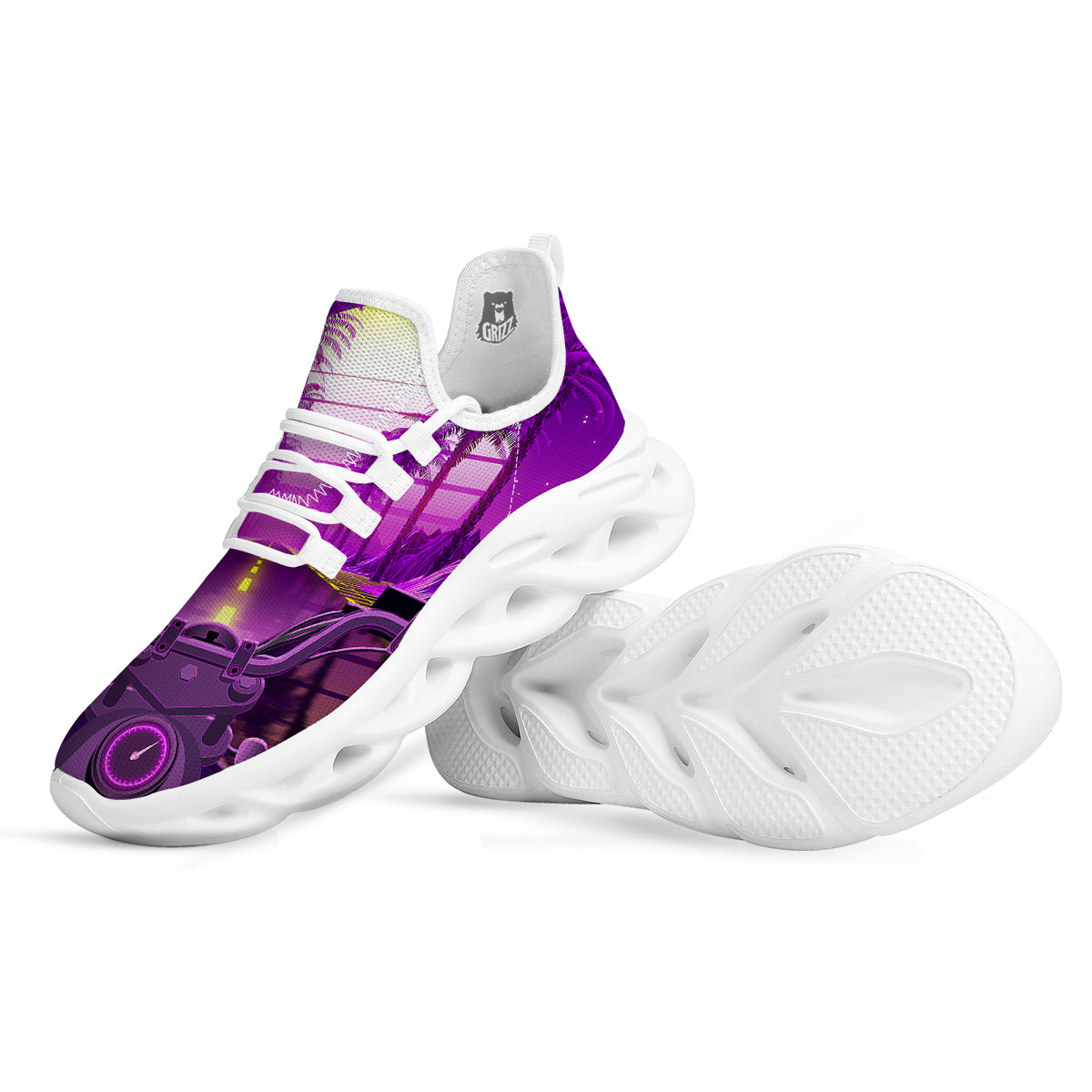 Riding Motorcycle Retro Purple Print White Running Shoes-grizzshop