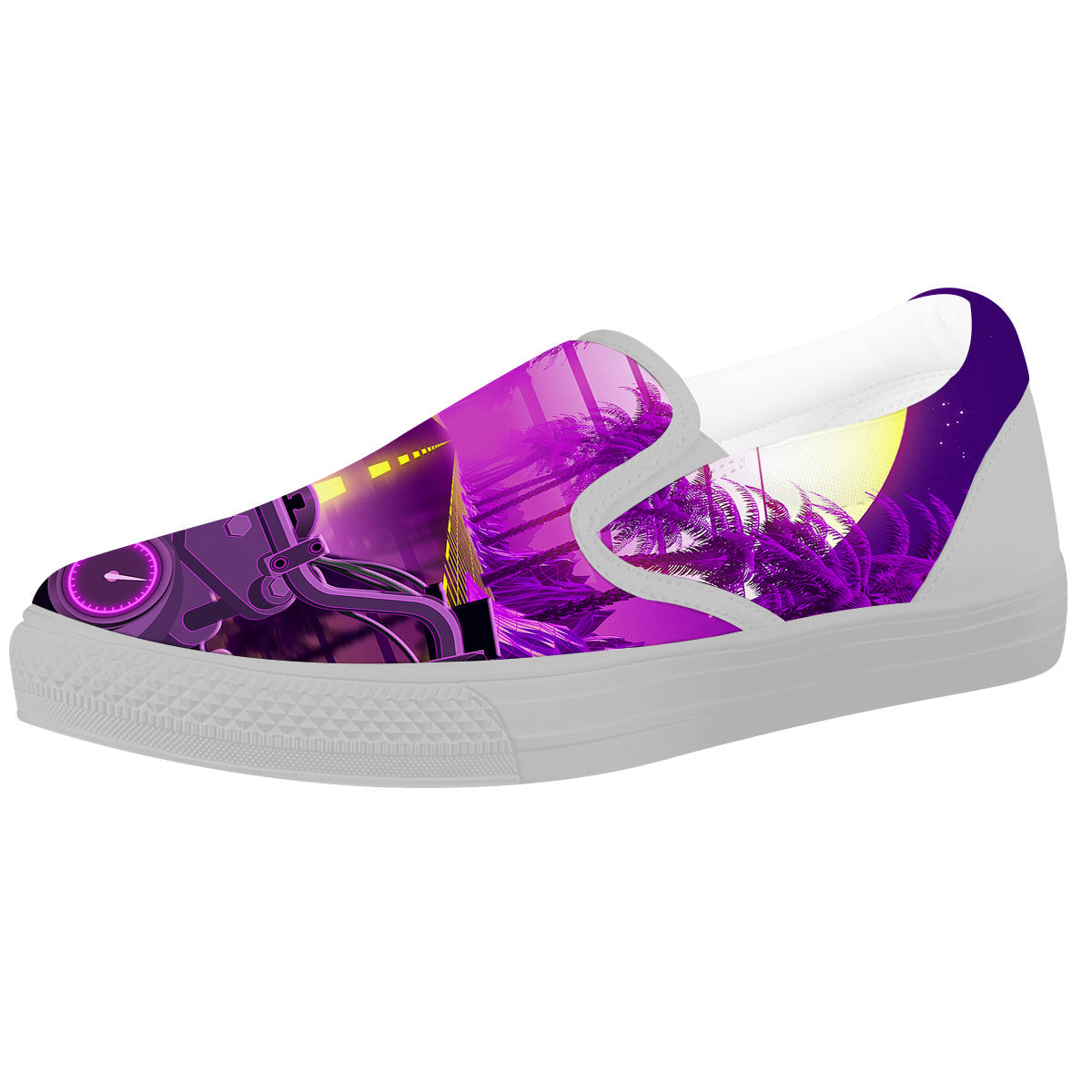 Riding Motorcycle Retro Purple Print White Slip On Shoes-grizzshop