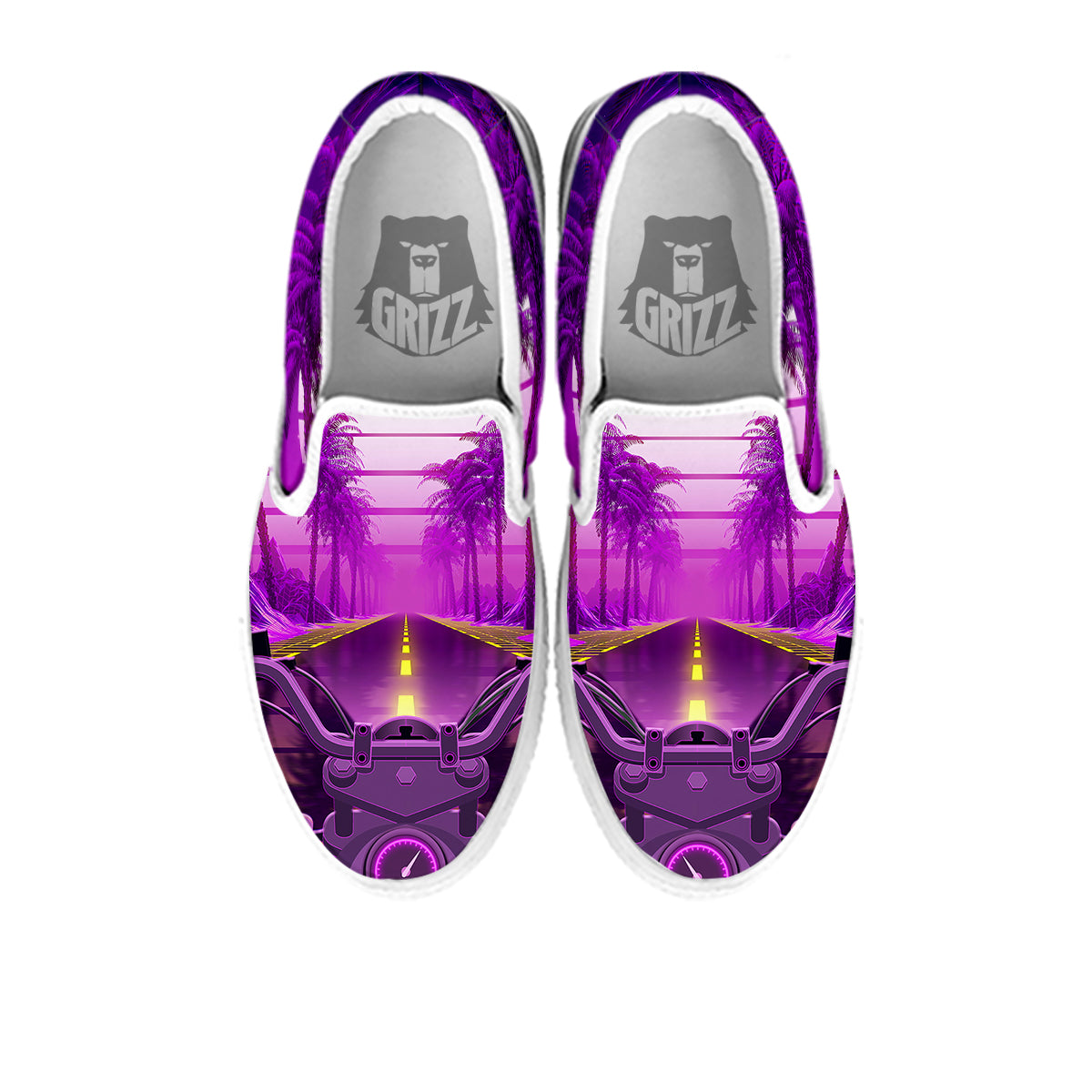 Riding Motorcycle Retro Purple Print White Slip On Shoes-grizzshop