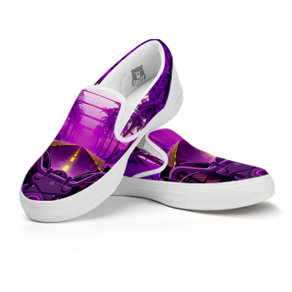Riding Motorcycle Retro Purple Print White Slip On Shoes-grizzshop
