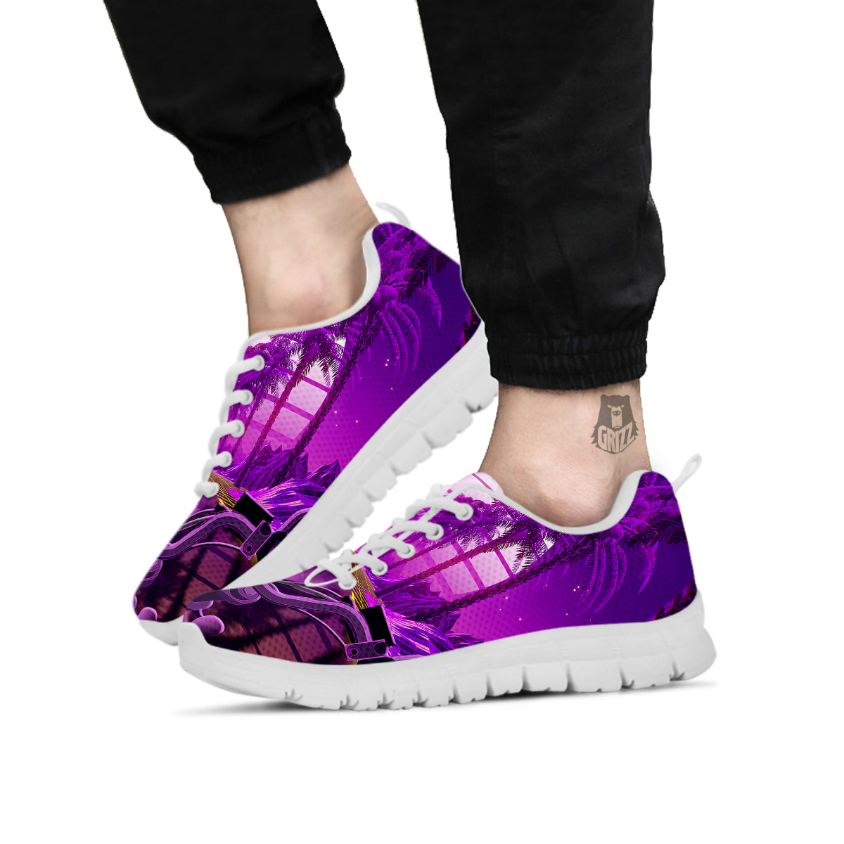 Riding Motorcycle Retro Purple Print White Sneaker-grizzshop