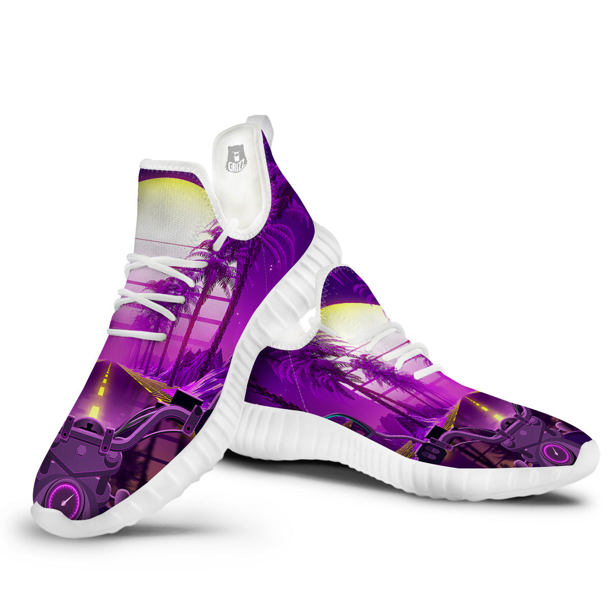 Riding Motorcycle Retro Purple Print White Walking Shoes-grizzshop