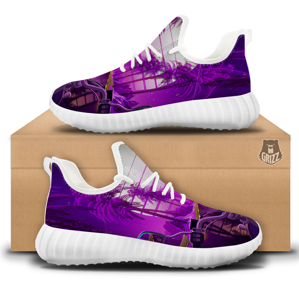 Riding Motorcycle Retro Purple Print White Walking Shoes-grizzshop
