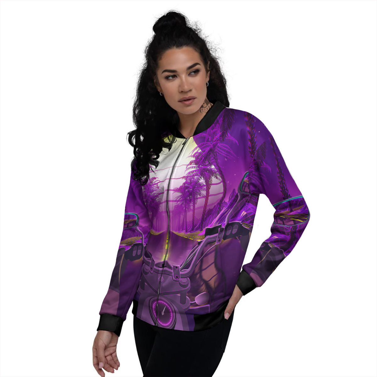 Riding Motorcycle Retro Purple Print Women's Bomber Jacket-grizzshop