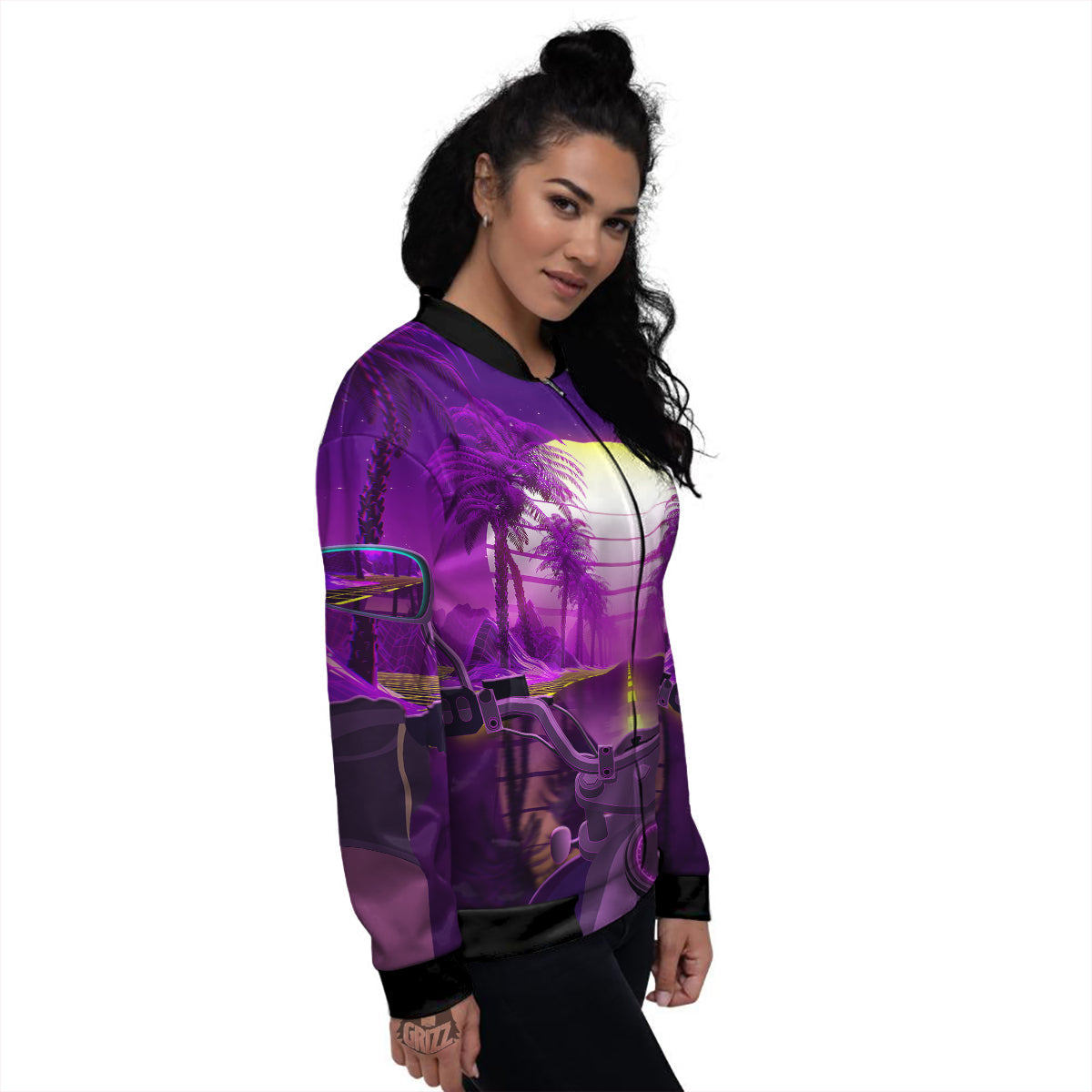 Riding Motorcycle Retro Purple Print Women's Bomber Jacket-grizzshop