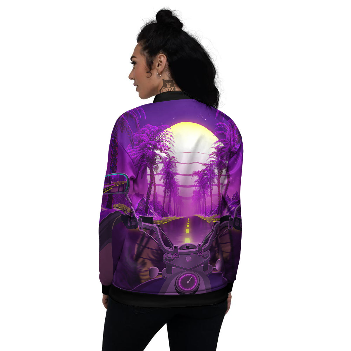 Riding Motorcycle Retro Purple Print Women's Bomber Jacket-grizzshop