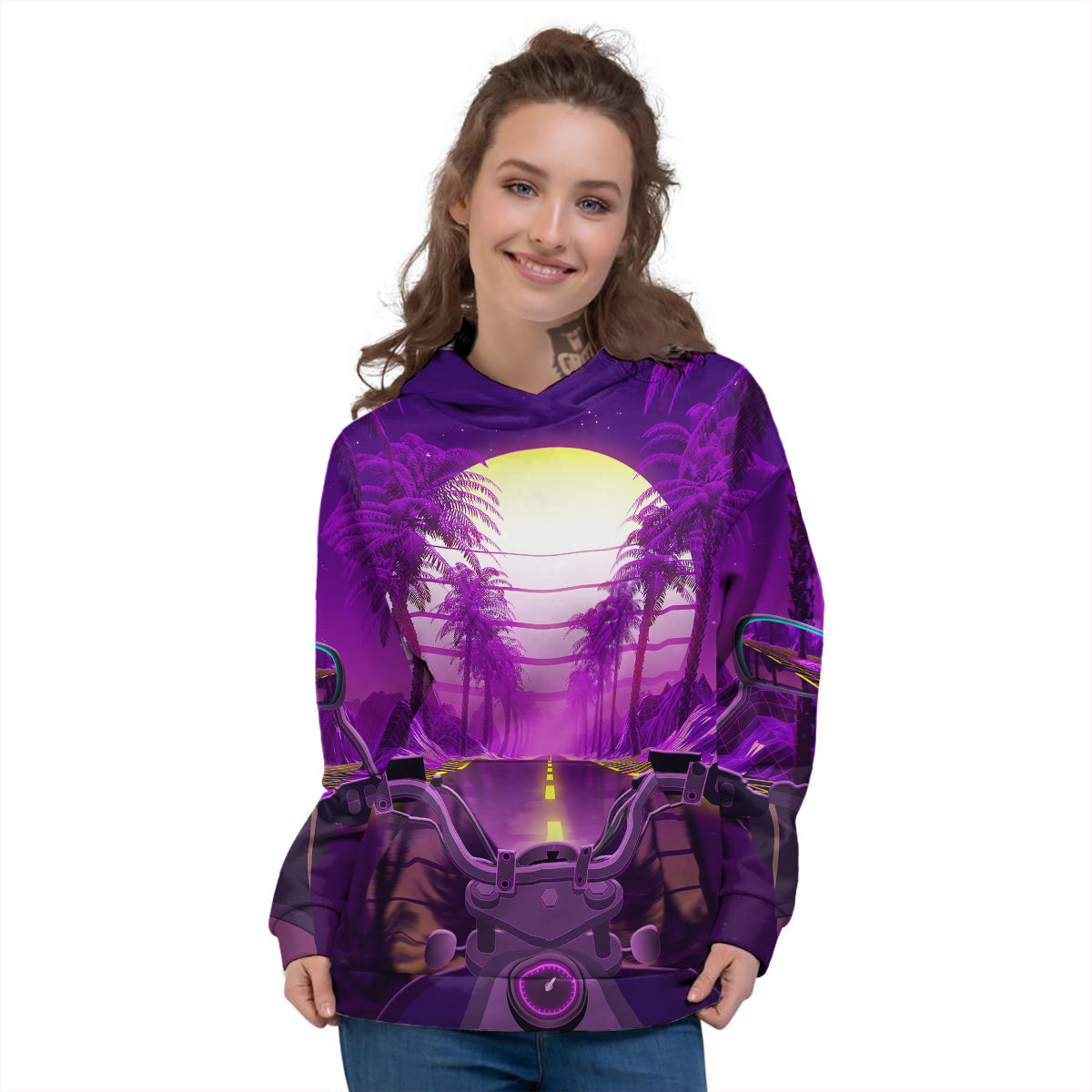 Riding Motorcycle Retro Purple Print Women's Hoodie-grizzshop