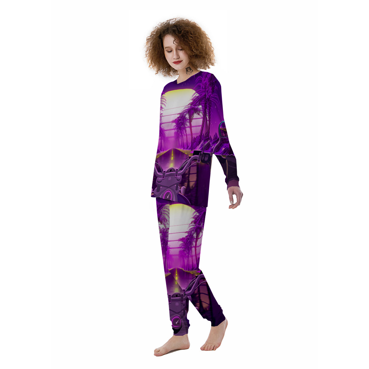Riding Motorcycle Retro Purple Print Women's Pajamas-grizzshop