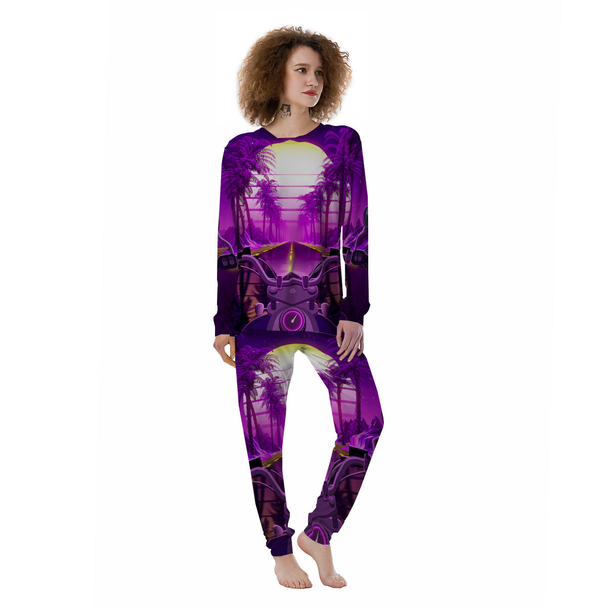 Riding Motorcycle Retro Purple Print Women's Pajamas-grizzshop