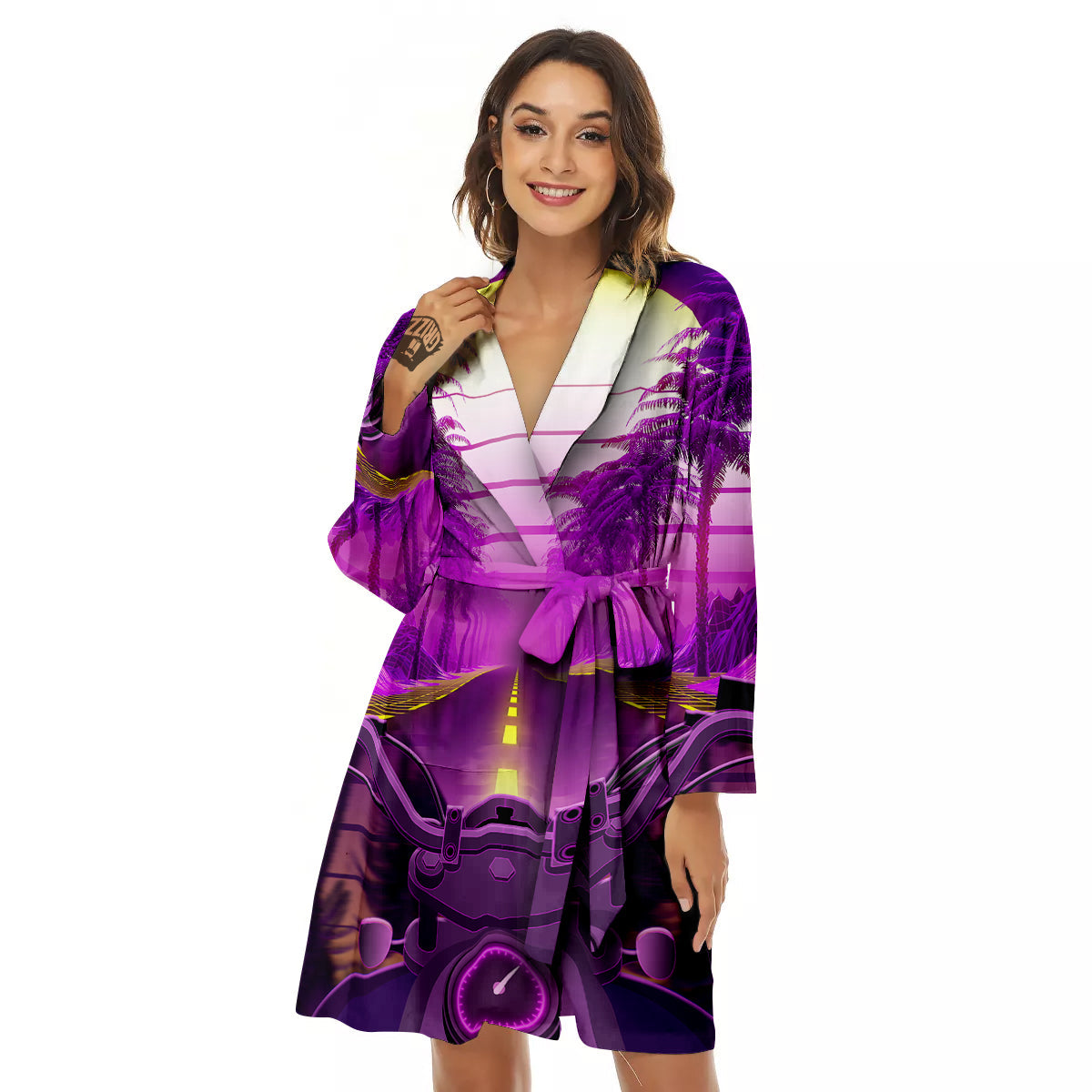Riding Motorcycle Retro Purple Print Women's Robe-grizzshop