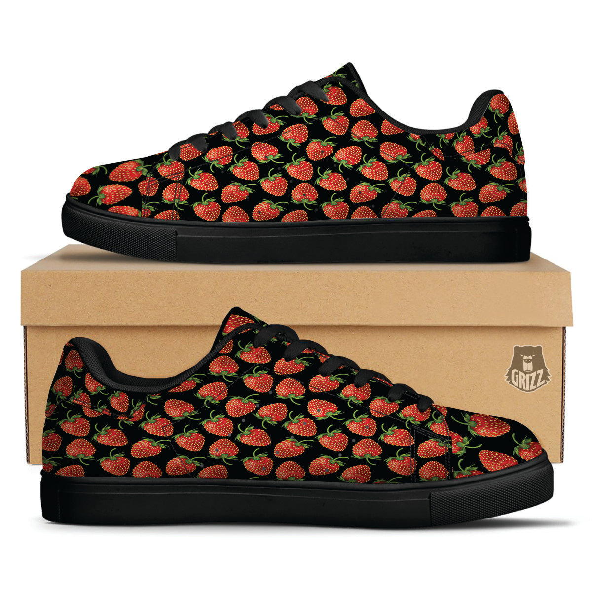 Ripe Strawberries Print Pattern Black Low Top Sneakers-grizzshop