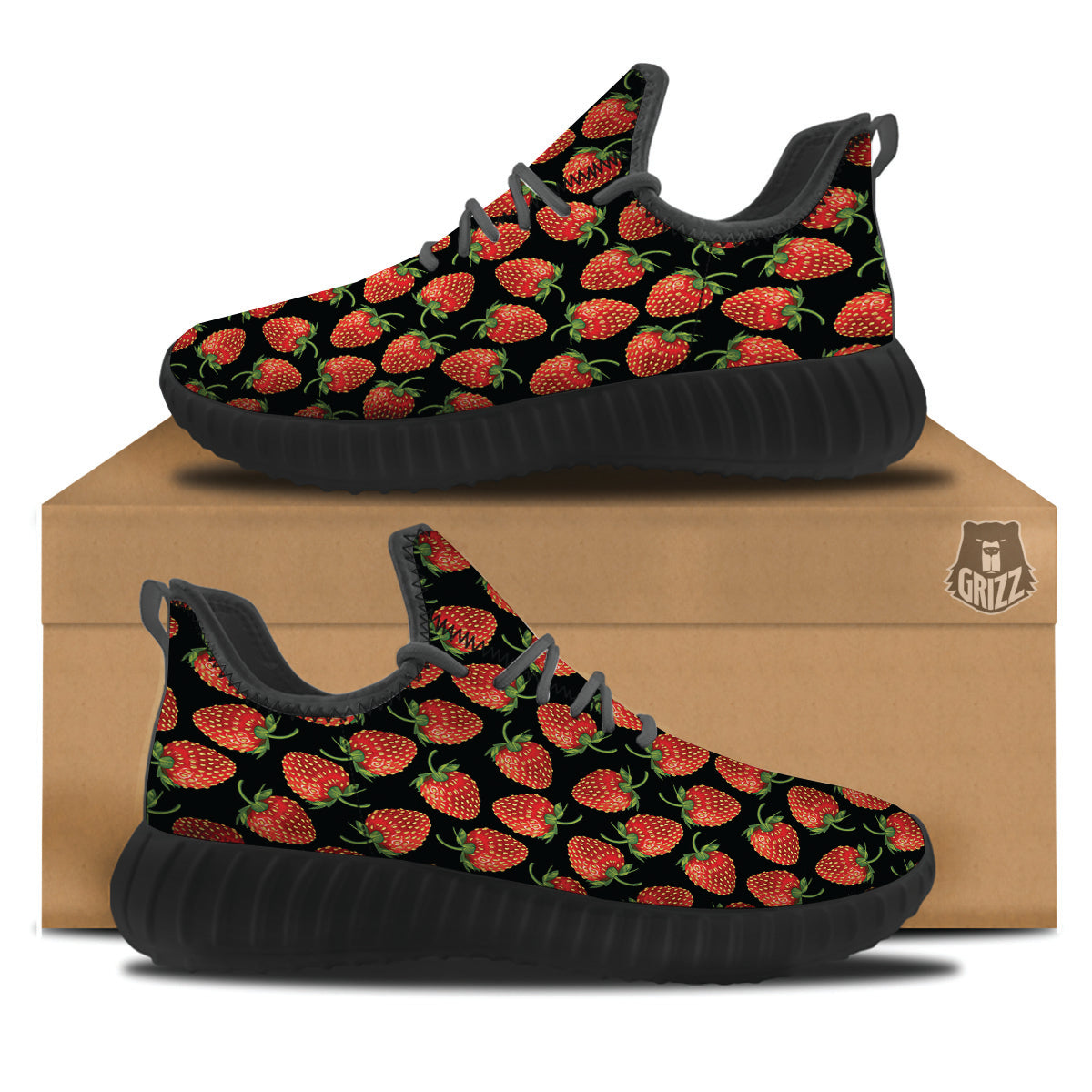 Ripe Strawberries Print Pattern Black Walking Shoes-grizzshop