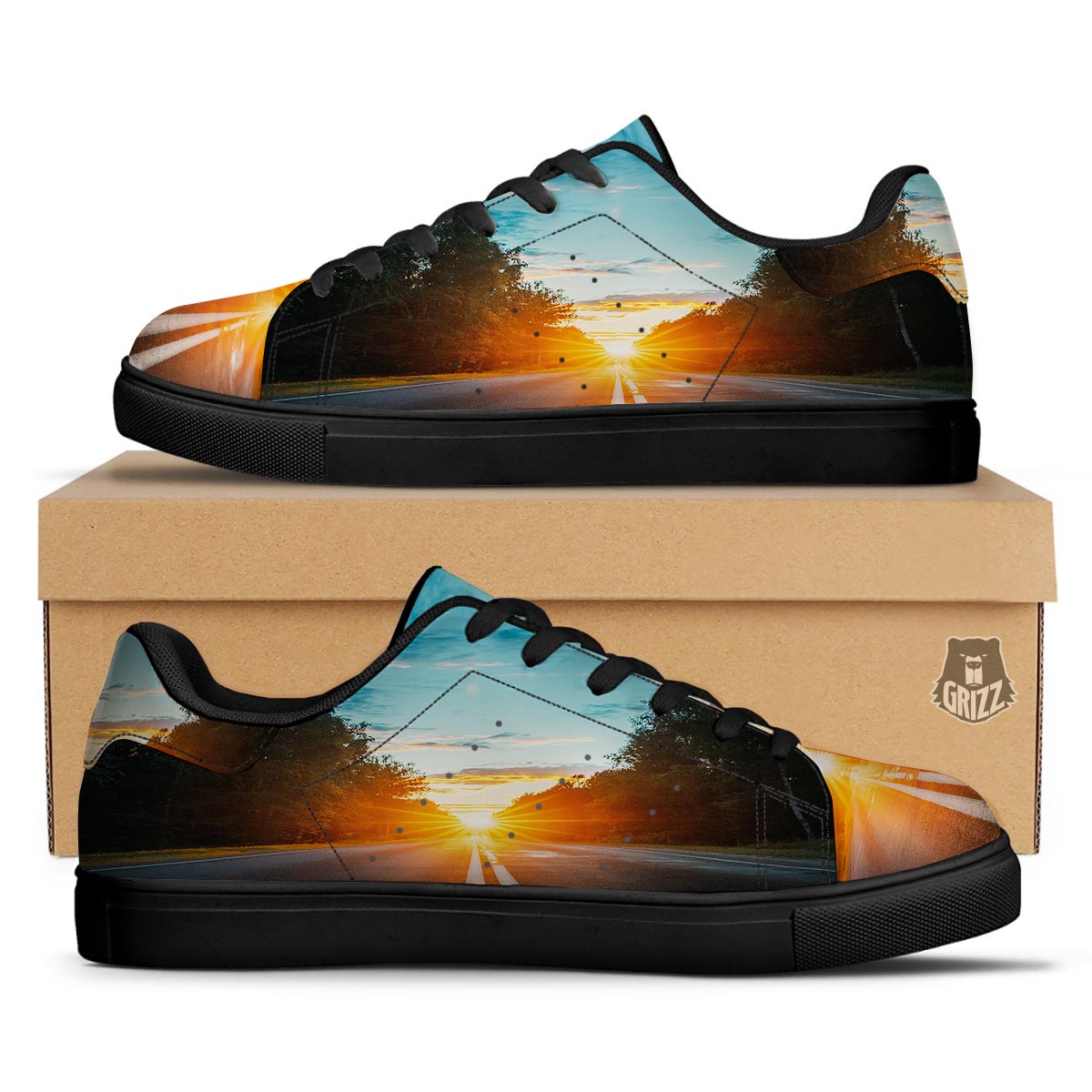 Road Sunrise Print Black Low Top Sneakers-grizzshop