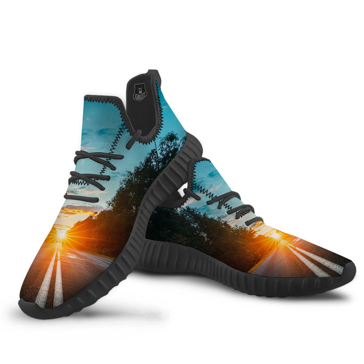 Road Sunrise Print Black Walking Shoes-grizzshop
