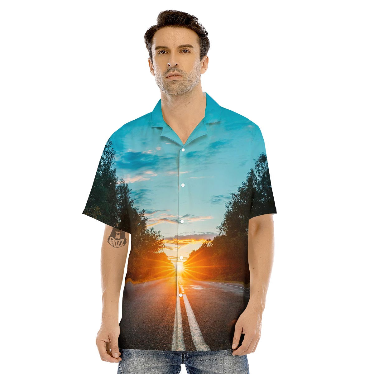 Road Sunrise Print Men's Hawaiian Shirt-grizzshop