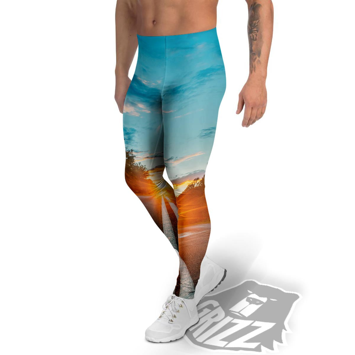 Road Sunrise Print Men's Leggings-grizzshop