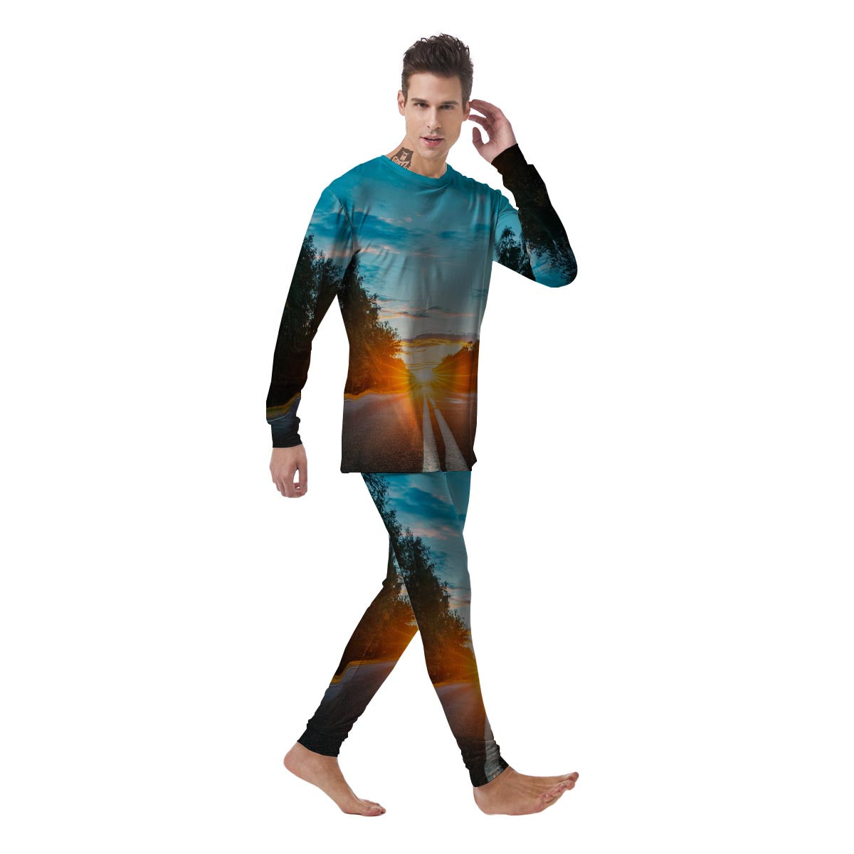 Road Sunrise Print Men's Pajamas-grizzshop