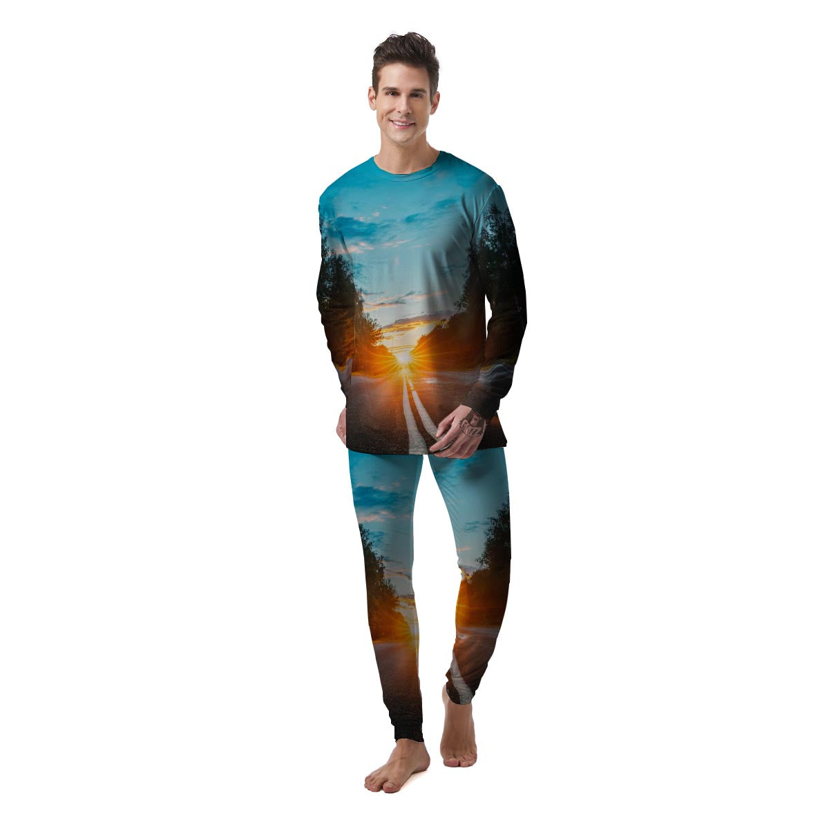 Road Sunrise Print Men's Pajamas-grizzshop