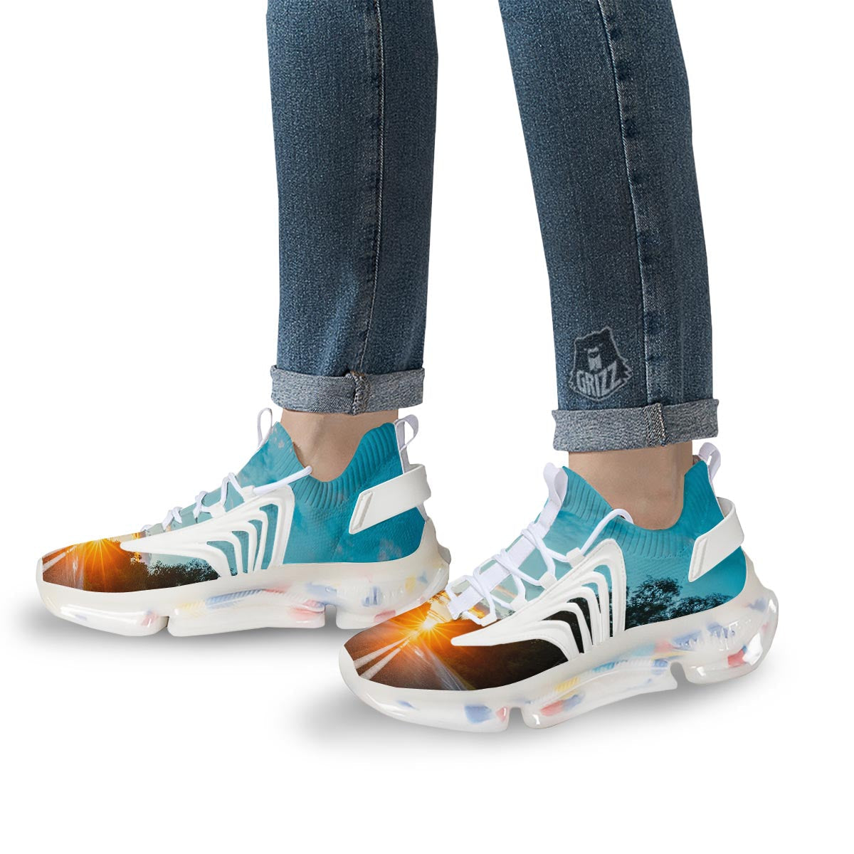 Road Sunrise Print White Gym Shoes-grizzshop