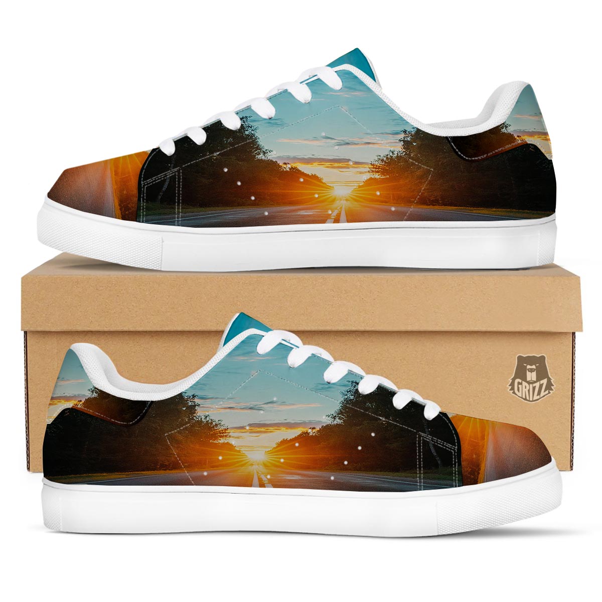 Road Sunrise Print White Low Top Sneakers-grizzshop