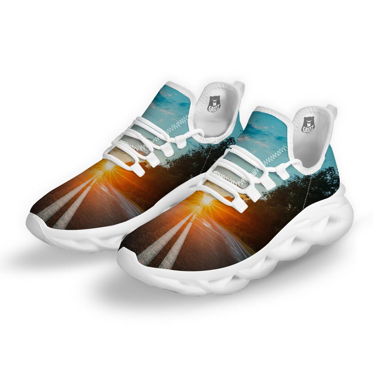 Road Sunrise Print White Running Shoes-grizzshop