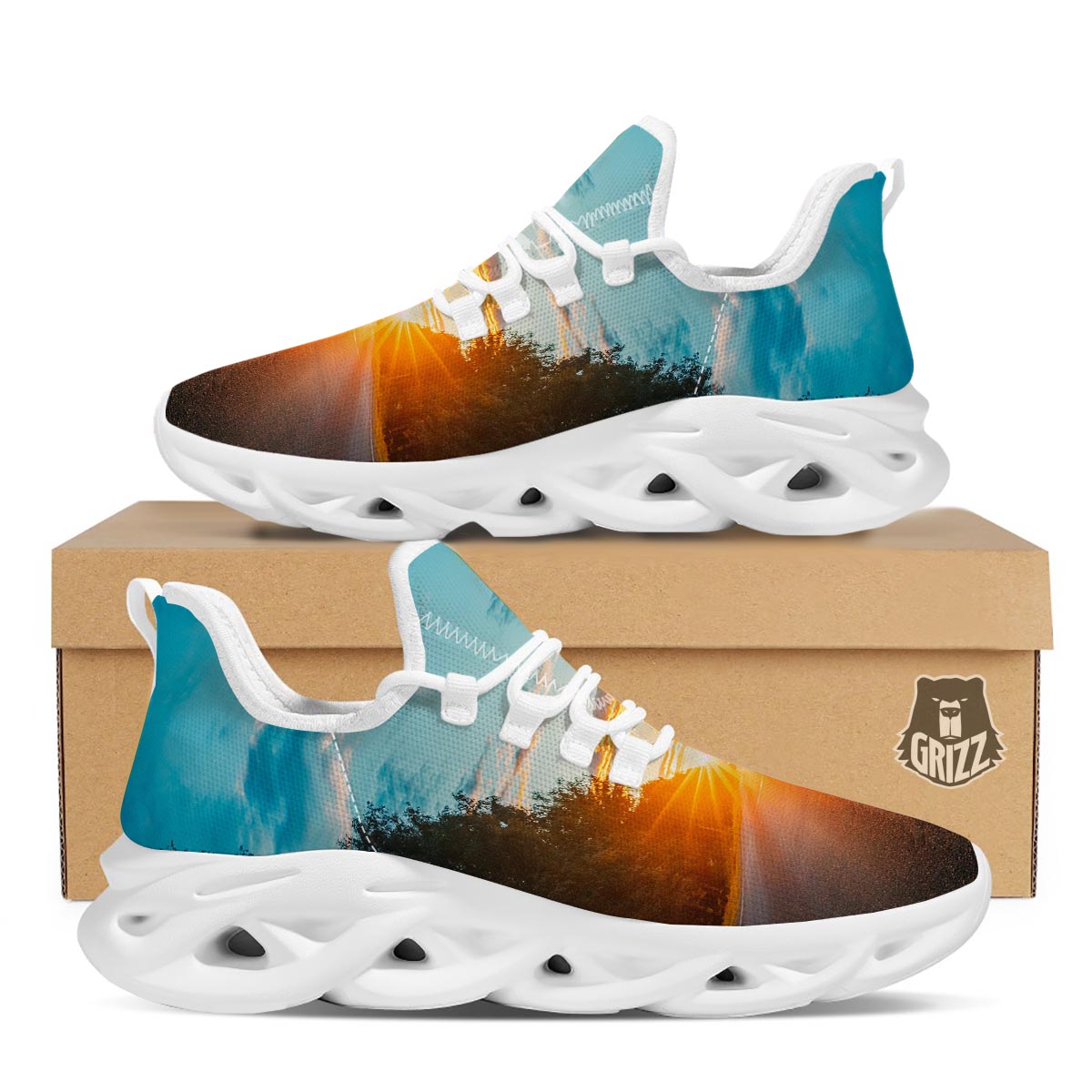 Road Sunrise Print White Running Shoes-grizzshop