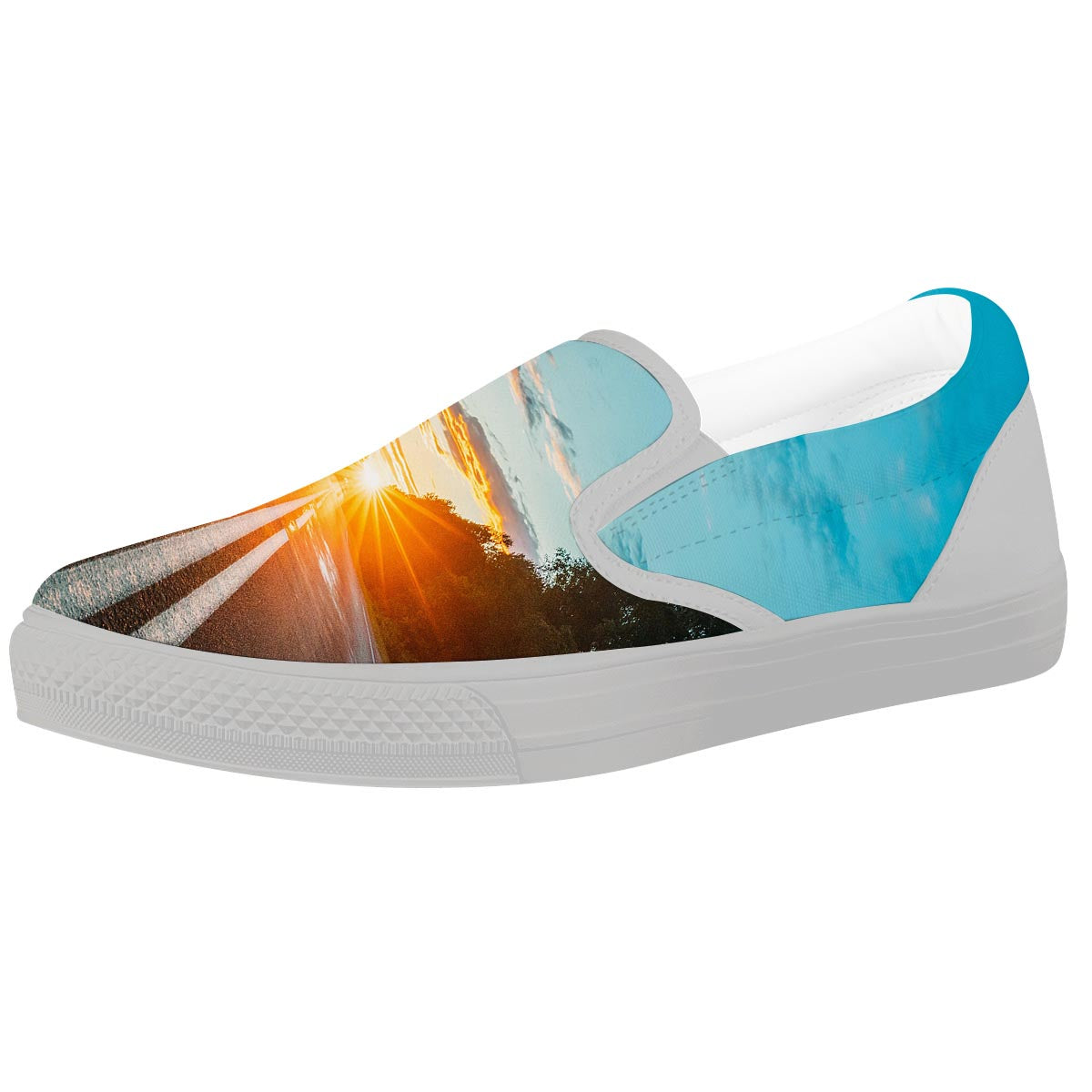 Road Sunrise Print White Slip On Shoes-grizzshop