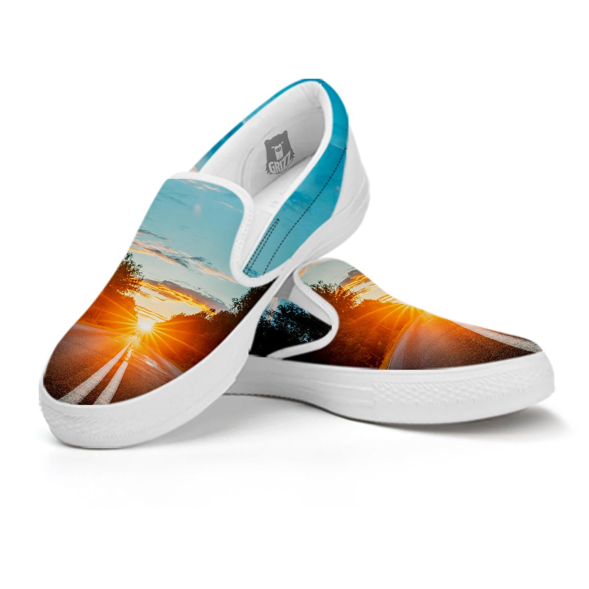 Road Sunrise Print White Slip On Shoes-grizzshop