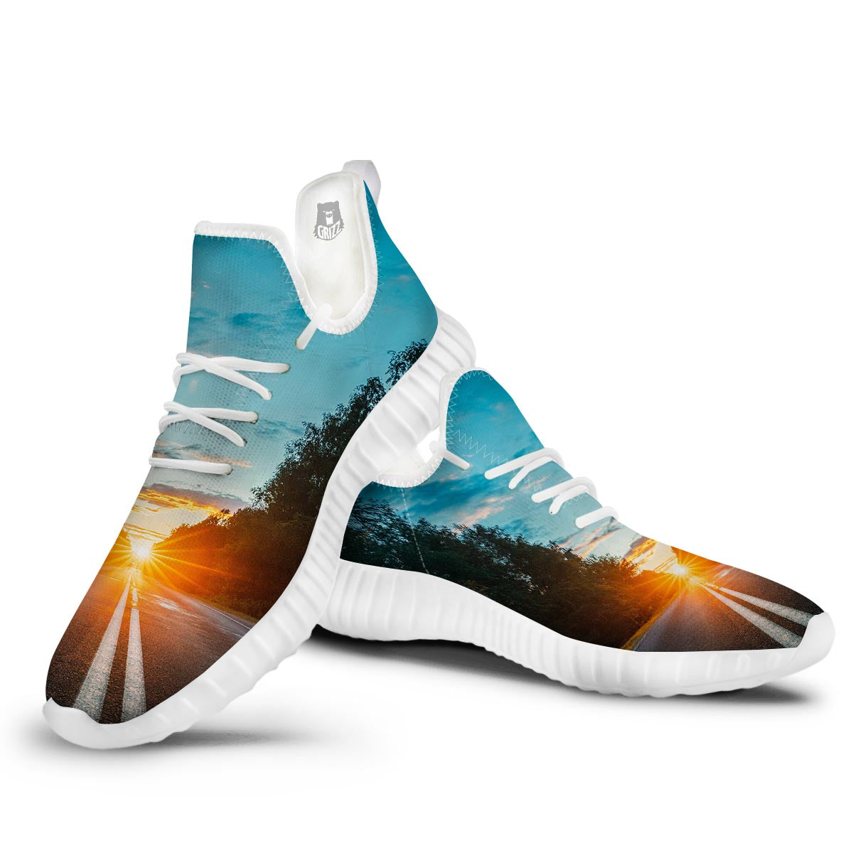 Road Sunrise Print White Walking Shoes-grizzshop