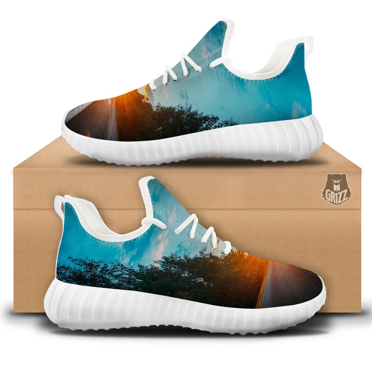 Road Sunrise Print White Walking Shoes-grizzshop