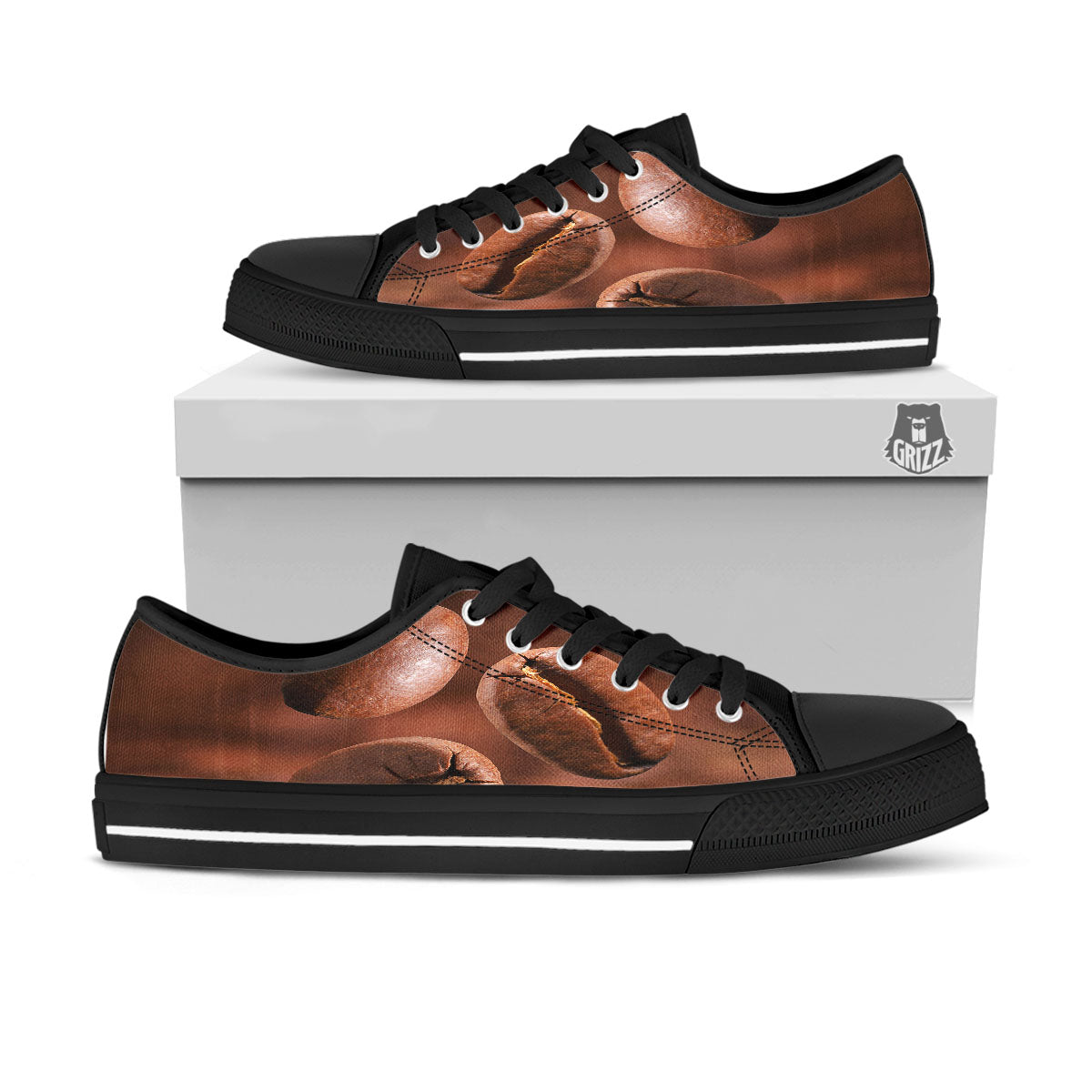 Roasted Coffee Bean Print Black Low Top Shoes-grizzshop