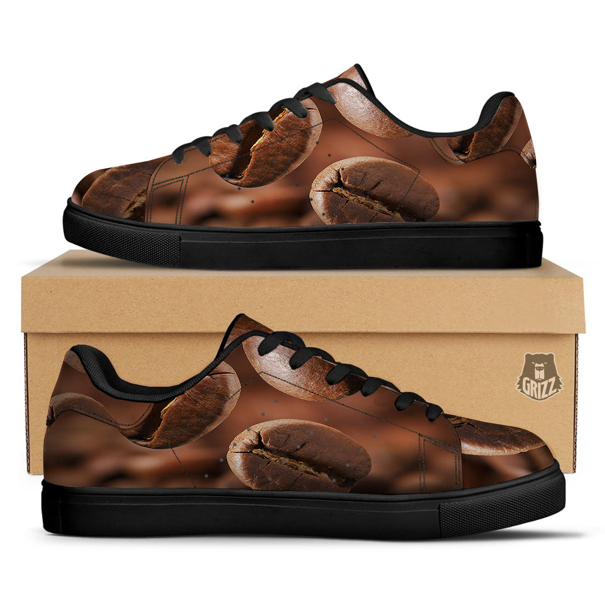 Roasted Coffee Bean Print Black Low Top Sneakers-grizzshop