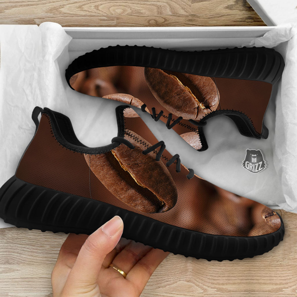 Roasted Coffee Bean Print Black Walking Shoes-grizzshop