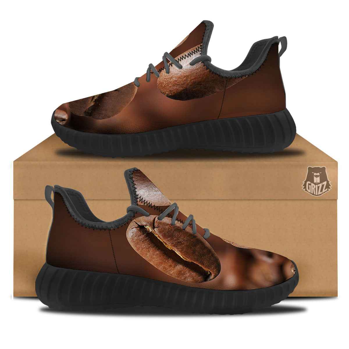 Roasted Coffee Bean Print Black Walking Shoes-grizzshop