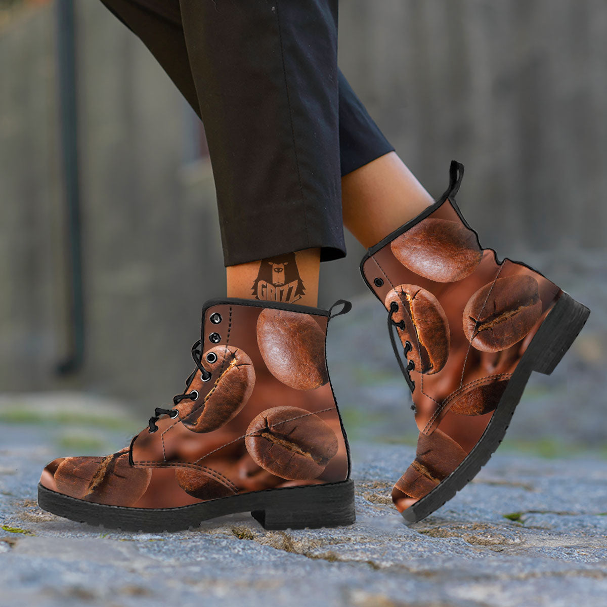 Roasted Coffee Bean Print Leather Boots-grizzshop