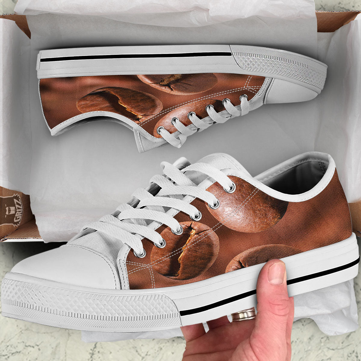 Roasted Coffee Bean Print White Low Top Shoes-grizzshop