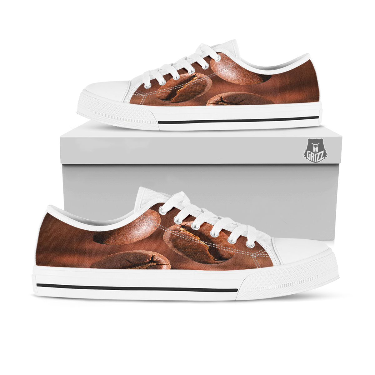Roasted Coffee Bean Print White Low Top Shoes-grizzshop