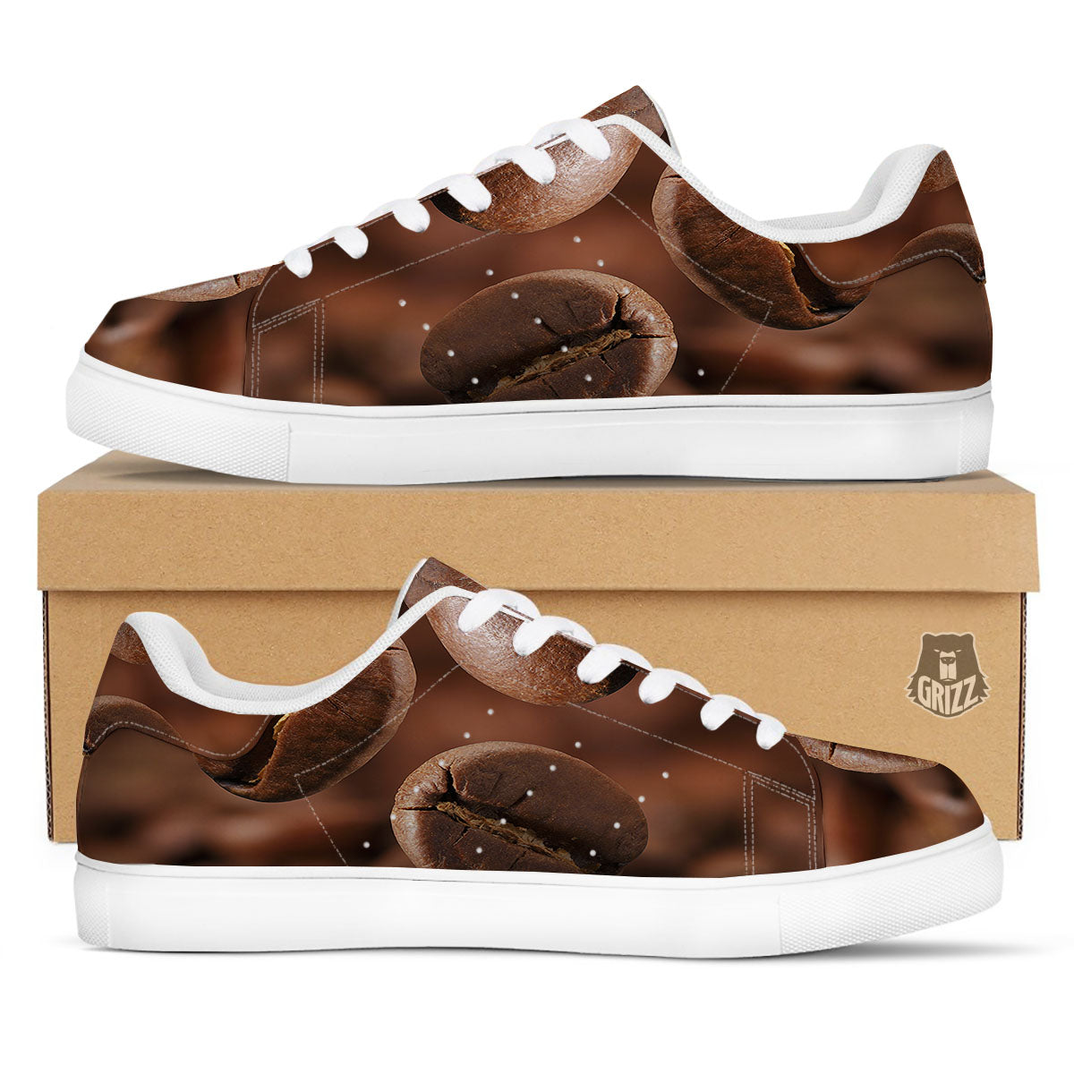 Roasted Coffee Bean Print White Low Top Sneakers-grizzshop