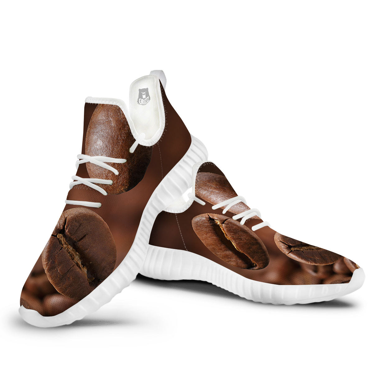 Roasted Coffee Bean Print White Walking Shoes-grizzshop