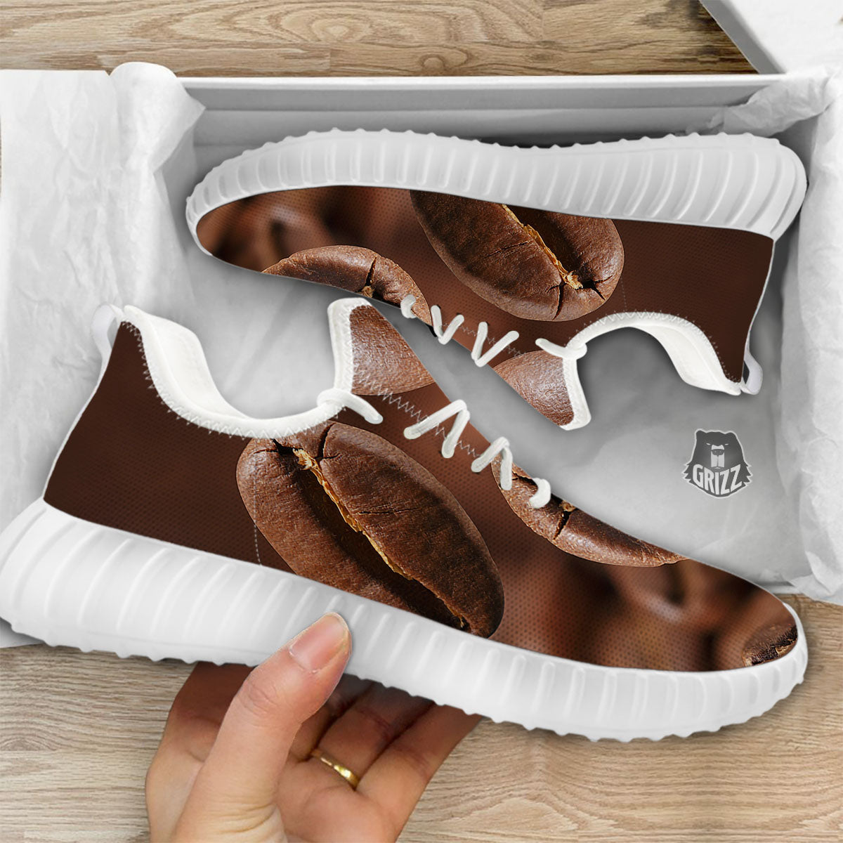 Roasted Coffee Bean Print White Walking Shoes-grizzshop