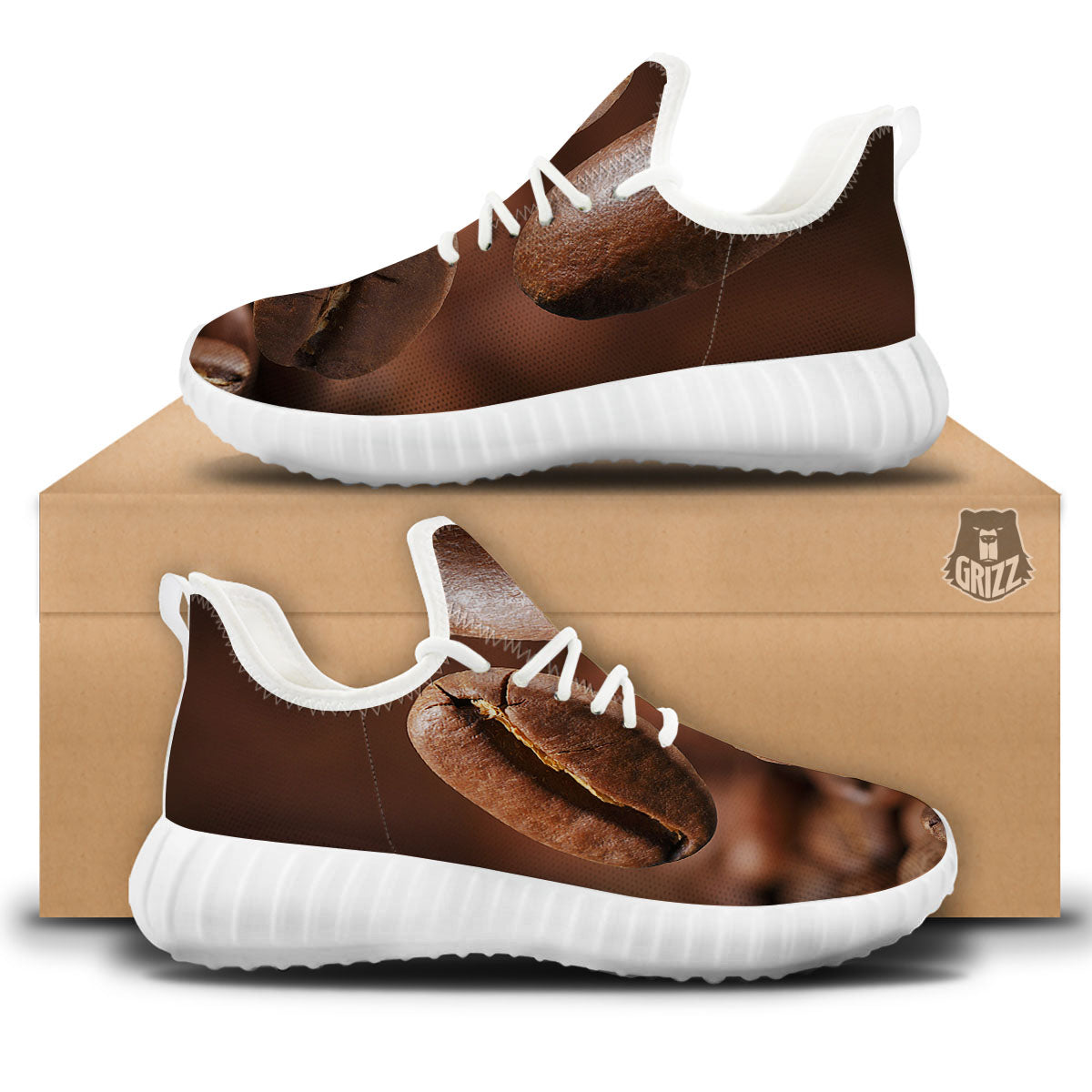 Roasted Coffee Bean Print White Walking Shoes-grizzshop