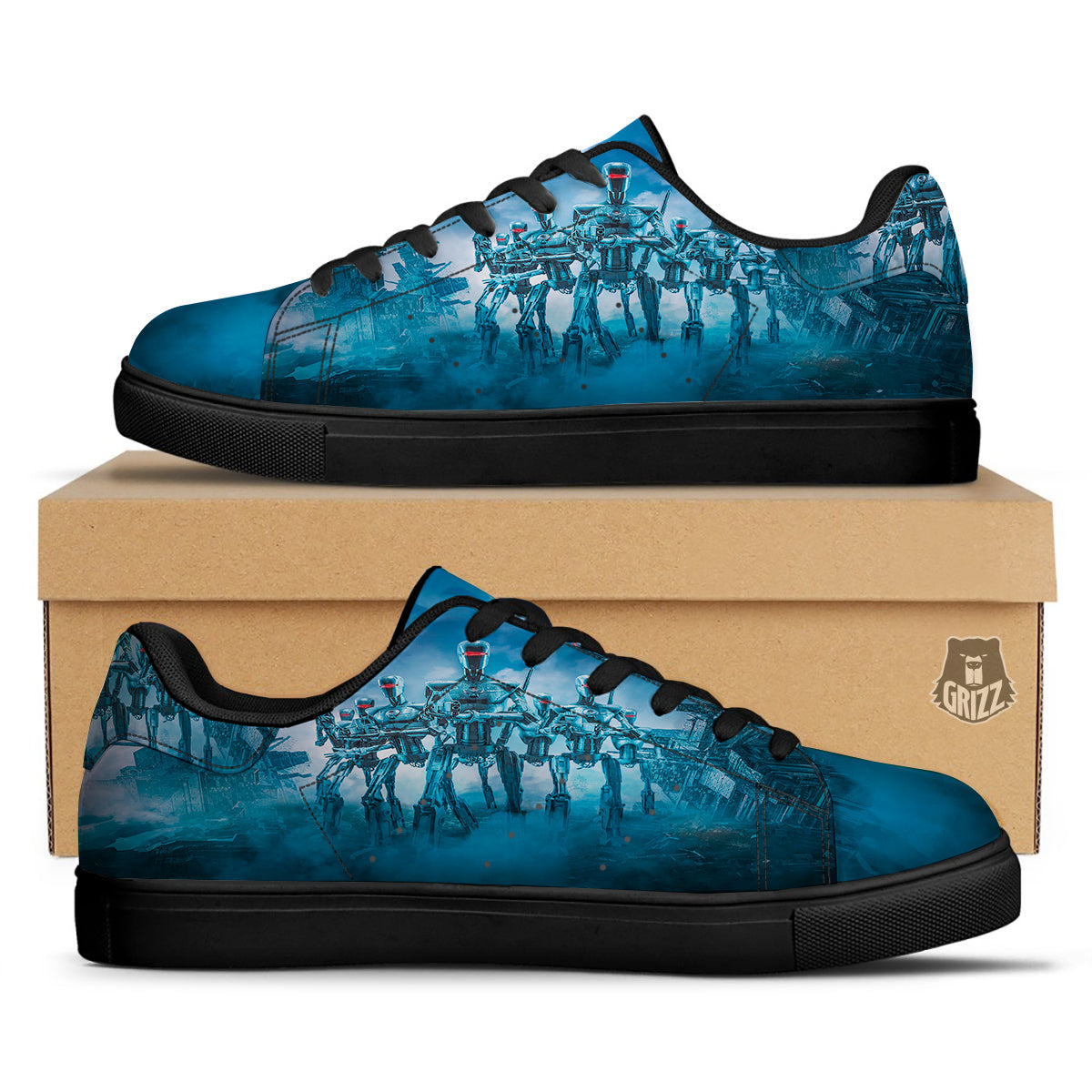 Robot Army Print Black Low Top Sneakers-grizzshop