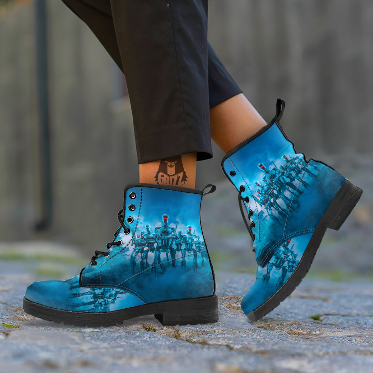 Robot Army Print Leather Boots-grizzshop